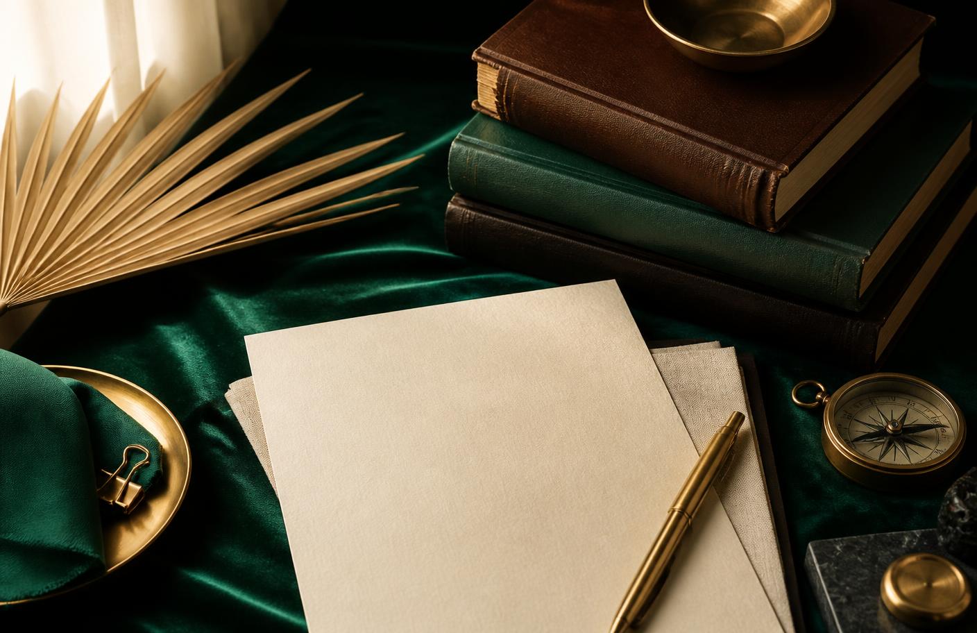 Above Prestige PR editorial desk with emerald, gold, and ivory brand elements