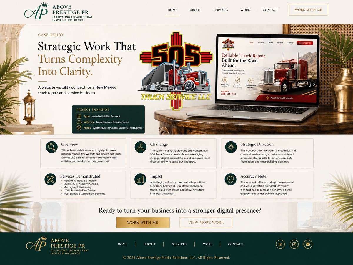 505 Truck Service case study header with truck logo and website mockup on a laptop