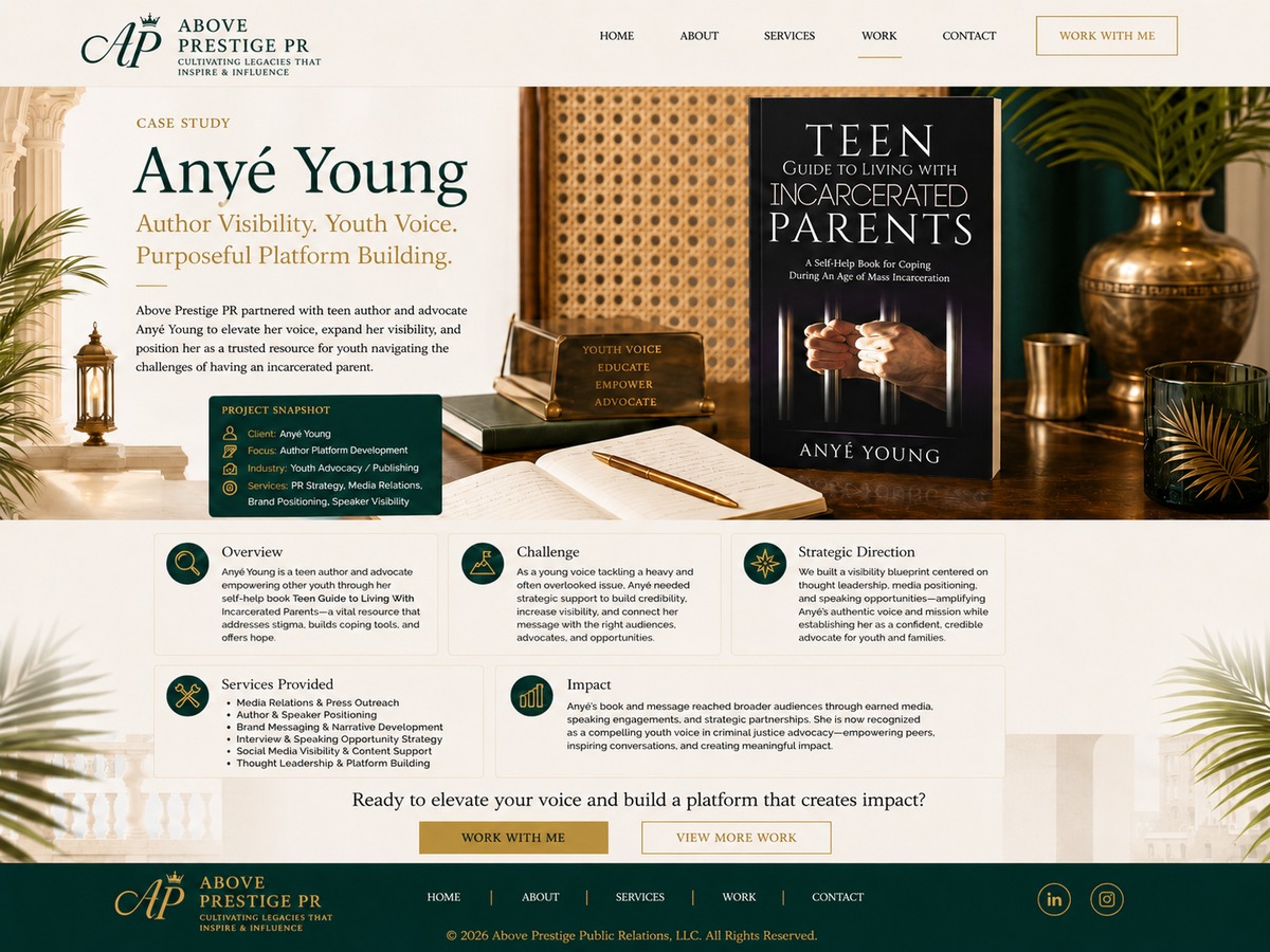 Anyé Young case study header with featured book display and advocacy desk vignette