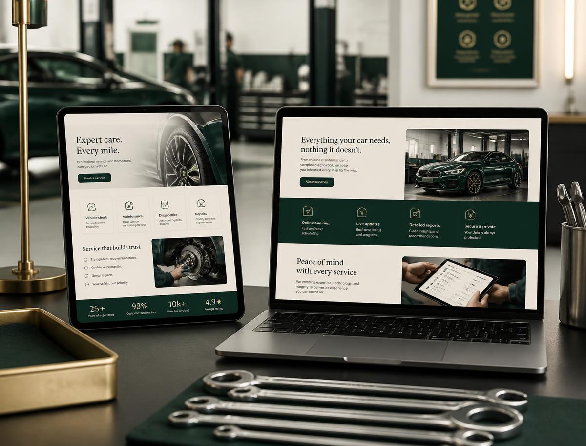 Anonymized automotive service case study header showing an unbranded service website concept on a tablet and laptop
