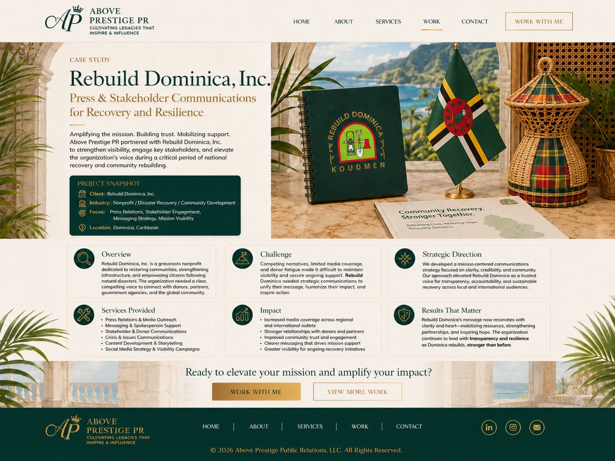 Rebuild Dominica case study header with notebook, Dominica flag, and woven cultural display