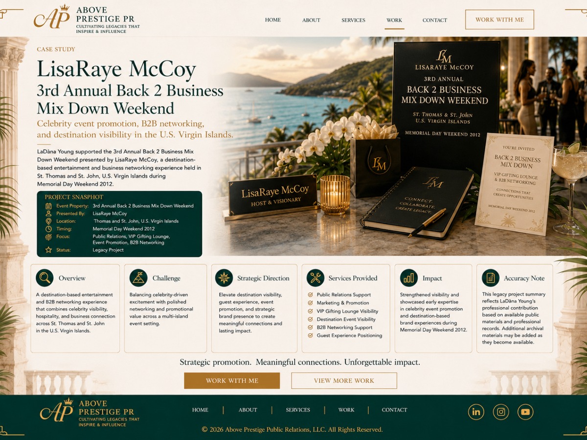 LisaRaye McCoy case study header with event collateral and sunset destination backdrop