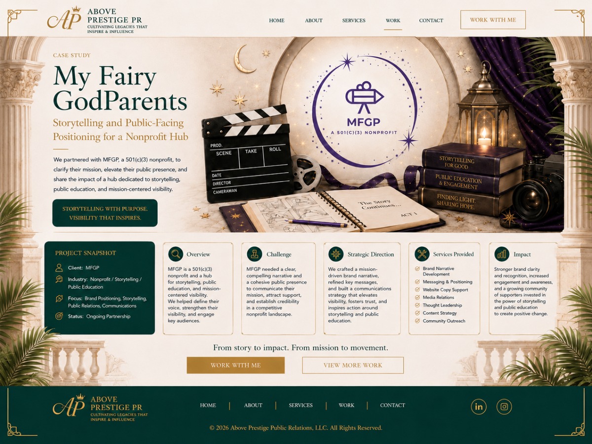 My Fairy GodParents case study header with clapperboard, books, notebook, and MFGP logo display