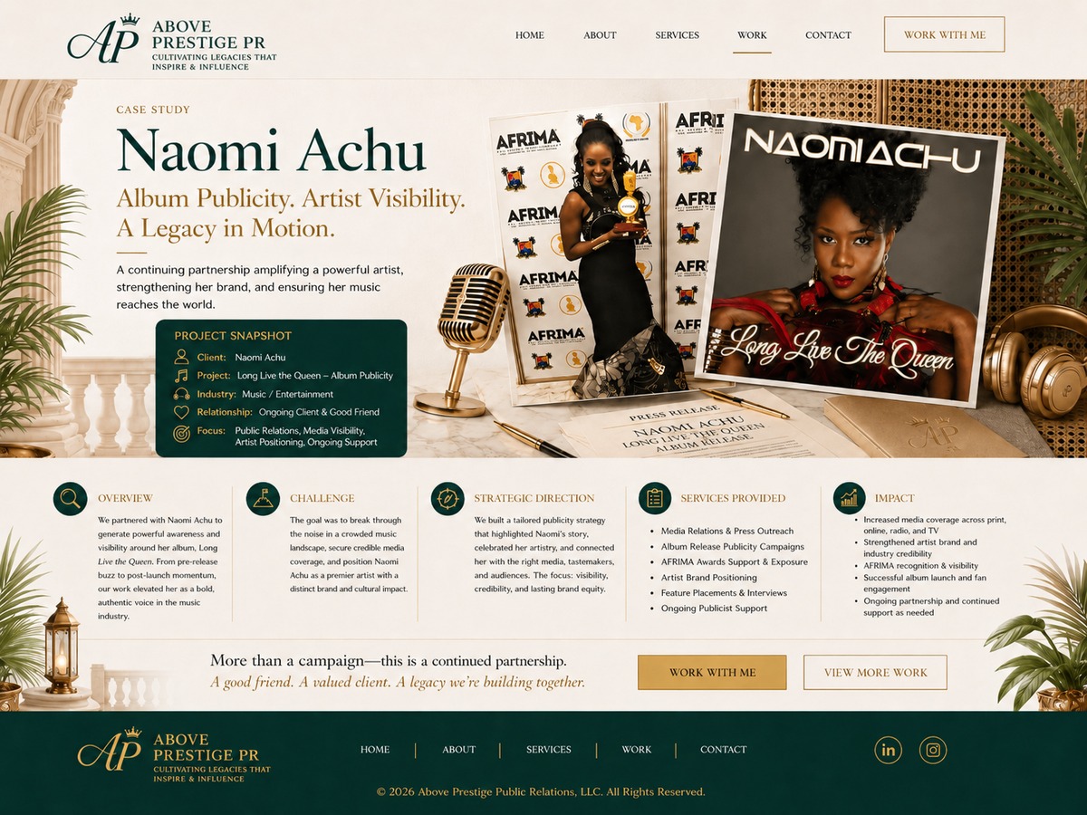 Naomi Achu case study header with album cover, award photo, and gold microphone