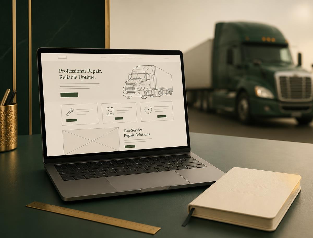 Anonymized transportation case study header showing an unbranded truck service website concept on a laptop