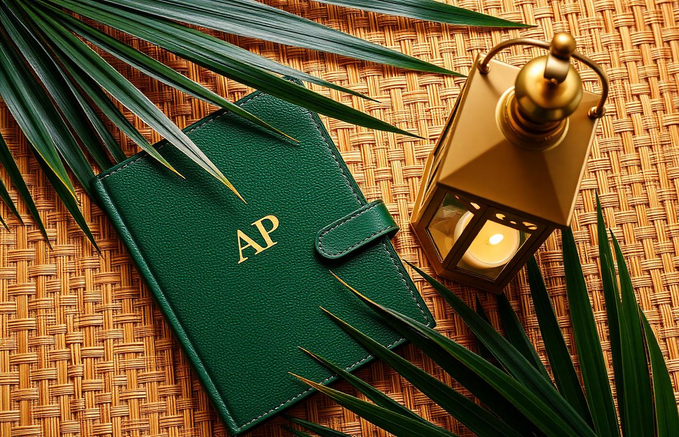 Above Prestige PR editorial still life with emerald notebook, gold lantern, palm leaves, and cane webbing