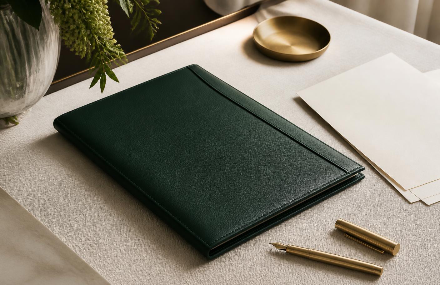 Emerald leather portfolio, gold fountain pen, and blank cream paper on an ivory linen desk