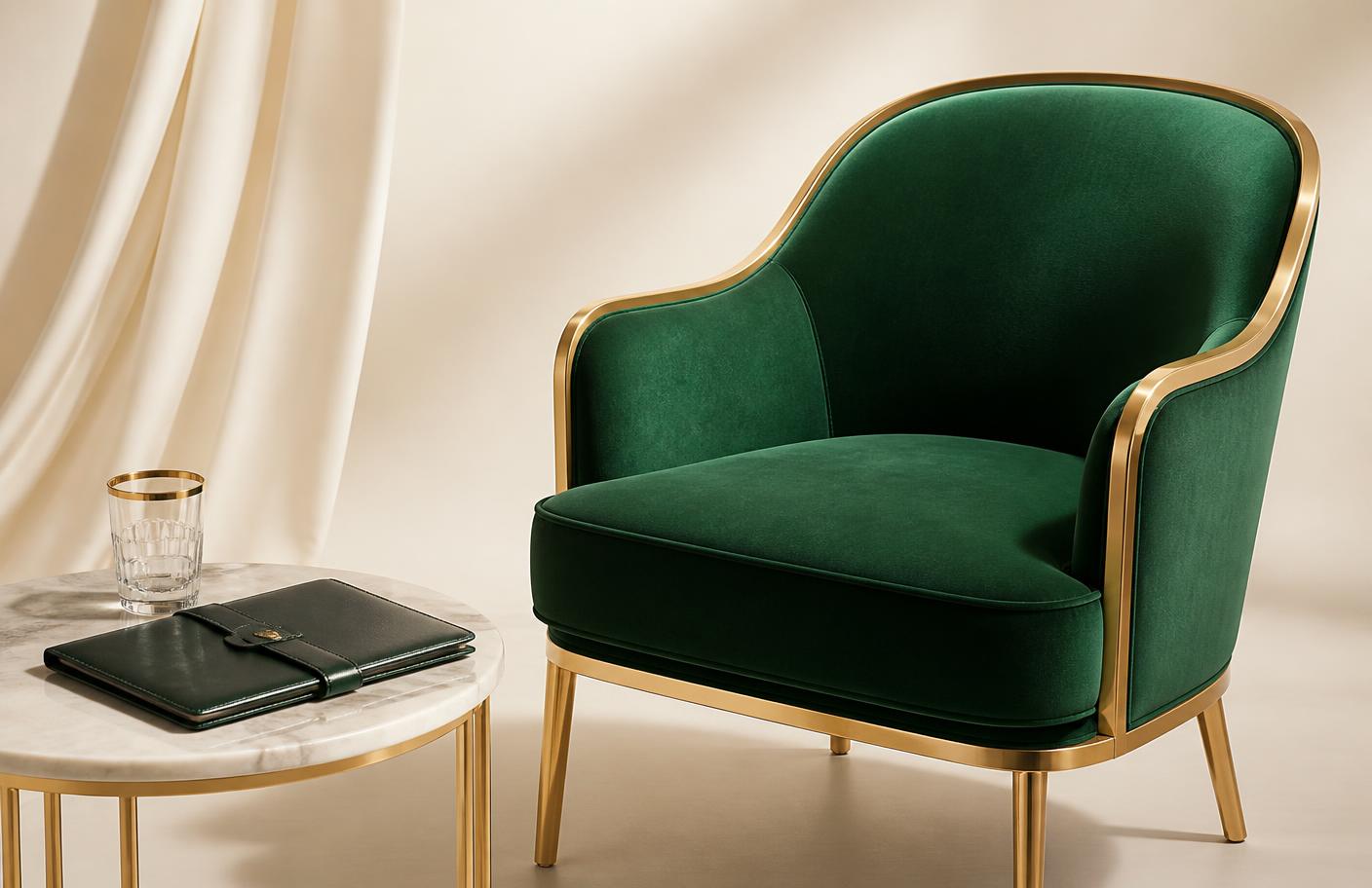 Emerald velvet armchair with gold frame beside a marble table holding a leather portfolio