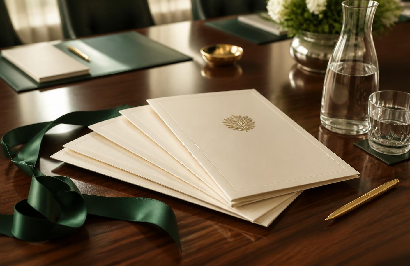 Cream agenda folders fanned across a walnut boardroom table with an emerald ribbon and gold pen