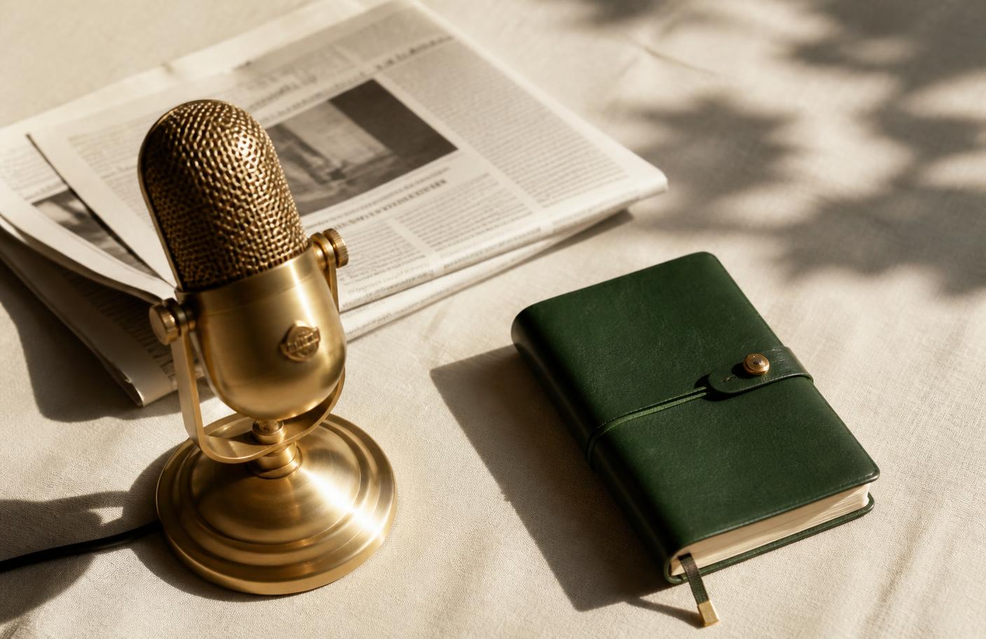 Gold vintage press microphone beside a folded newspaper and emerald leather notebook on ivory linen