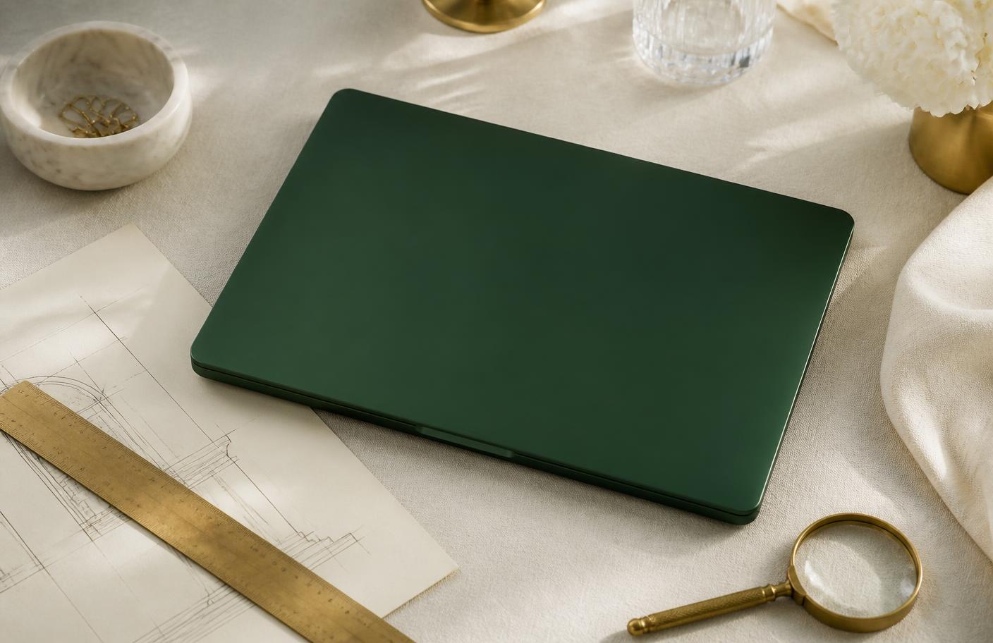 Matte emerald laptop on ivory linen beside a gold ruler, architectural sketch, and brass magnifier